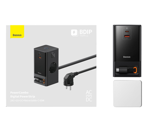 BASEUS Ładowarka sieciowa BASEUS PowerCombo 60W 2AC+1U+1C+Retractable-C 1.5m Black # - 1141722 - zdjęcie 2